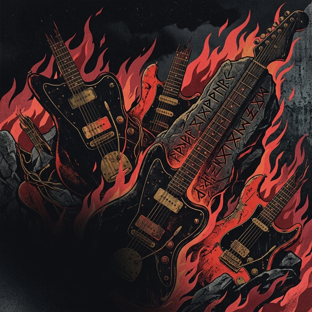 ilustración tributo de un collage de guitarras eléctricas distorsionadas, runas eslavas talladas en piedra negra y llamas carmesí ascendiendo hacia un cielo sin estrellas, sin texto ni logotipos, paleta rojo y negro con destellos de oro antiguo