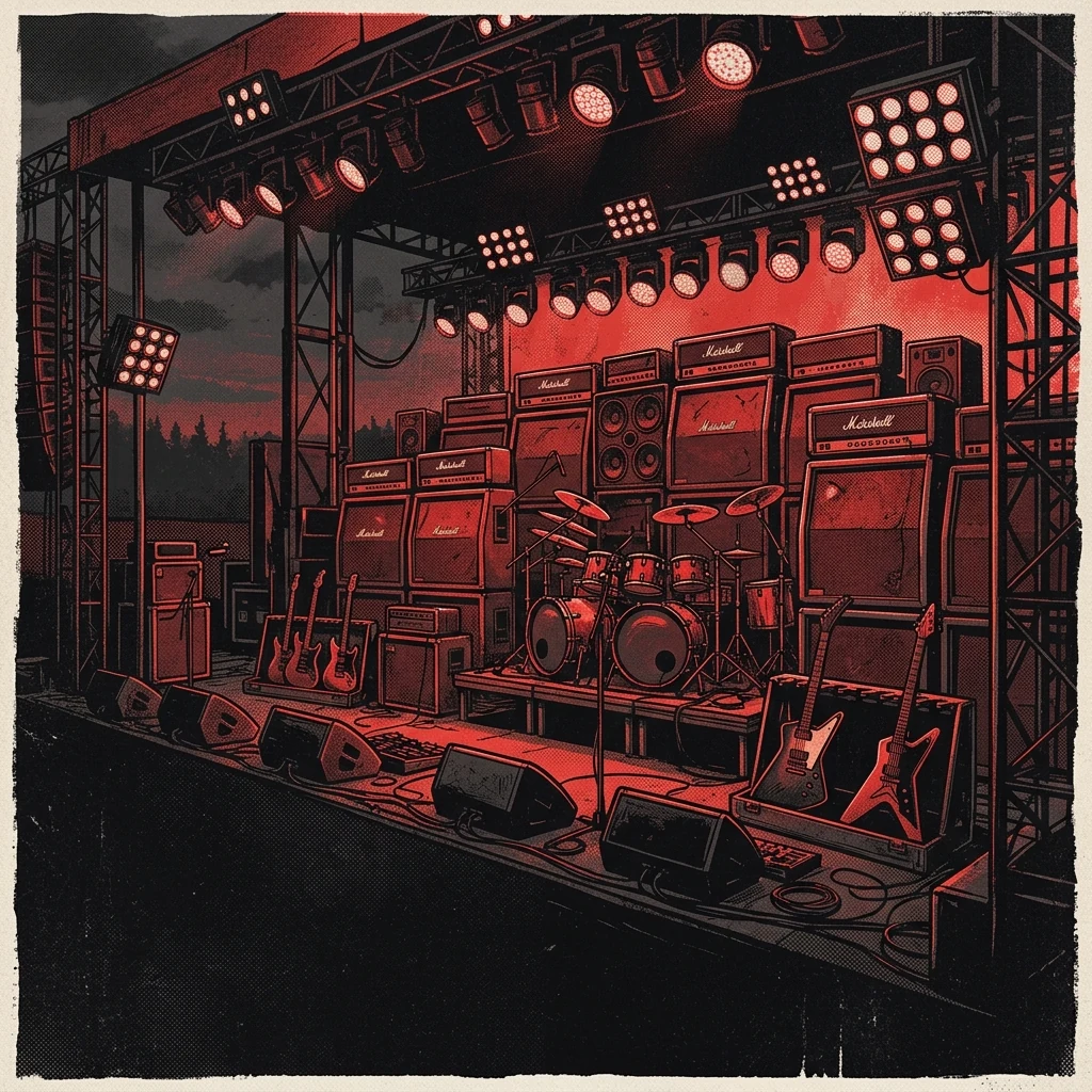 ilustración tributo de un escenario de festival al aire libre con equipo masivo, baterías de focos rojos y negros y una multitud de siluetas con los puños en alto, sin rostros ni logos reconocibles, atmósfera de colisión hardcore-metal