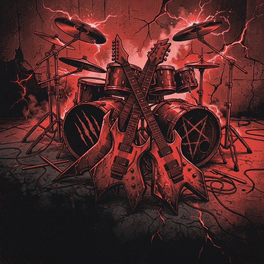 ilustración tributo de guitarras eléctricas de metal macizo y una batería con platillos extendidos sobre un fondo de concreto agrietado y chispas de electricidad roja, estética metalcore brutal de los 2000, paleta rojo y negro, sin texto ni logotipos