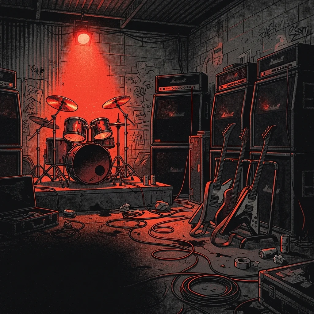 ilustración tributo de un garaje de ensayo en Denver con amplificadores apilados, una batería bajo luz roja intensa y cables de guitarra en el suelo, atmósfera de urgencia thrash metal sin rostros reconocibles ni logos, paleta rojo volcánico y negro