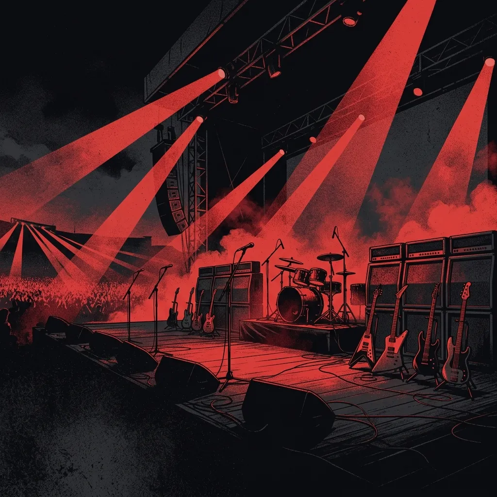ilustración tributo de un escenario de festival nocturno con focos rojos y negros barriendo una multitud de siluetas con los puños en alto, atmósfera de thrash metal masivo sin rostros ni logos reconocibles, energía de detonación colectiva