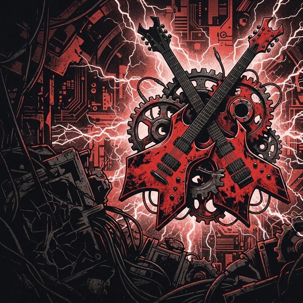 ilustración tributo de guitarras eléctricas con cuerpos en rojo sangre y mástiles negros cruzados sobre un fondo de engranajes industriales y electricidad estática, estética thrash metal técnico de los 2000, paleta rojo y negro, sin texto ni logotipos