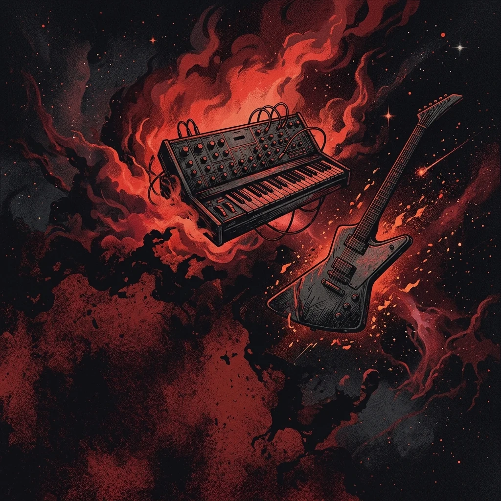 ilustración tributo de un sintetizador y una guitarra eléctrica flotando en el cosmos entre nebulosas y estrellas, atmósfera psicodélica y espacial, paleta rojo y negro, sin rostros reconocibles ni logos