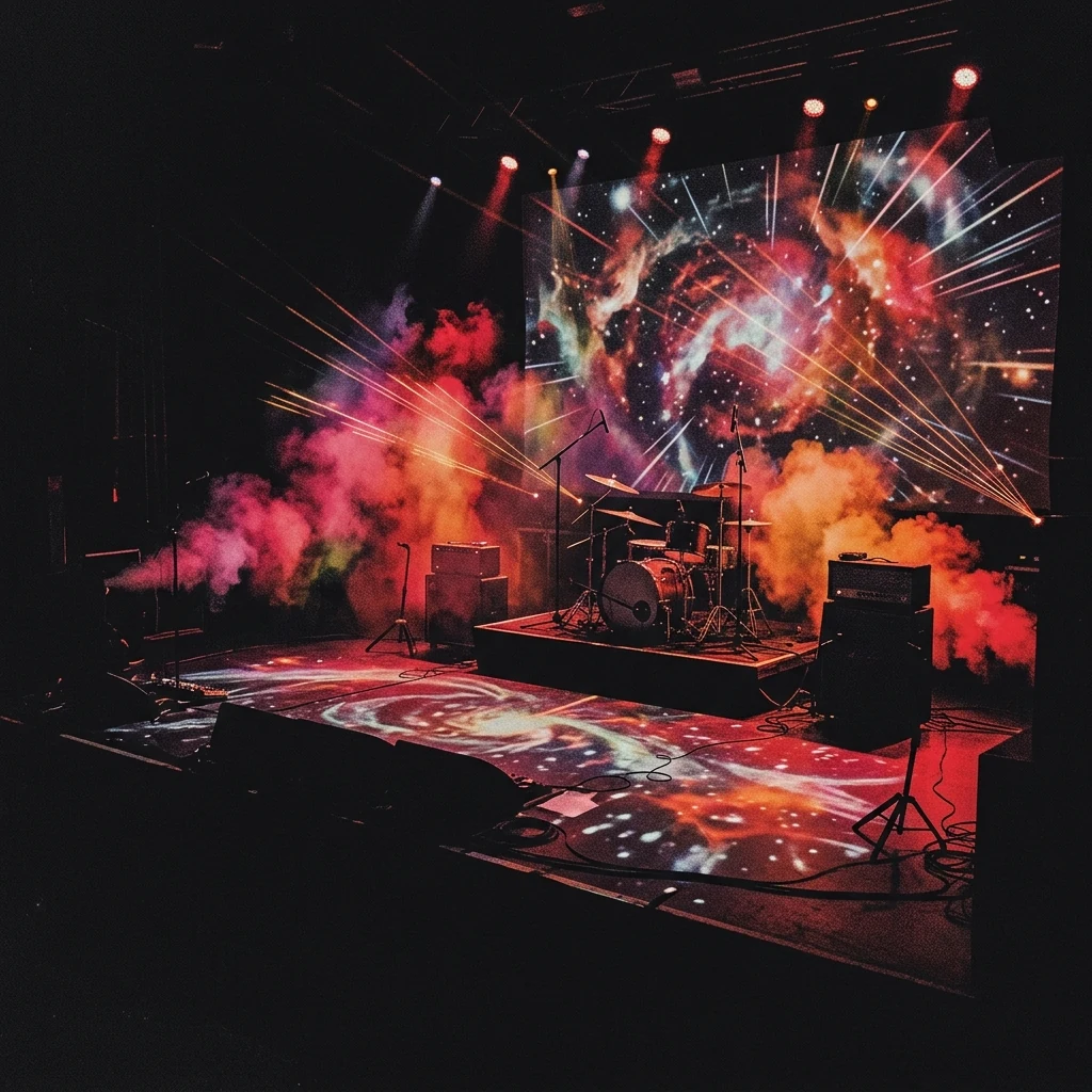 ilustración tributo de un escenario envuelto en humo de colores con rayos láser y proyecciones cósmicas, atmósfera de concierto psicodélico años 70, paleta rojo y negro, sin rostros ni logos