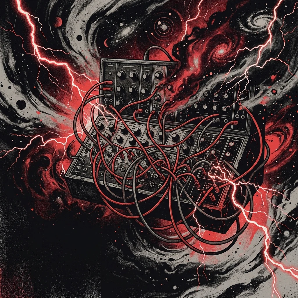 ilustración tributo de un sintetizador analógico con cables entrelazados entre galaxias y relámpagos eléctricos, estética space rock años 70, paleta rojo y negro, sin texto ni logotipos