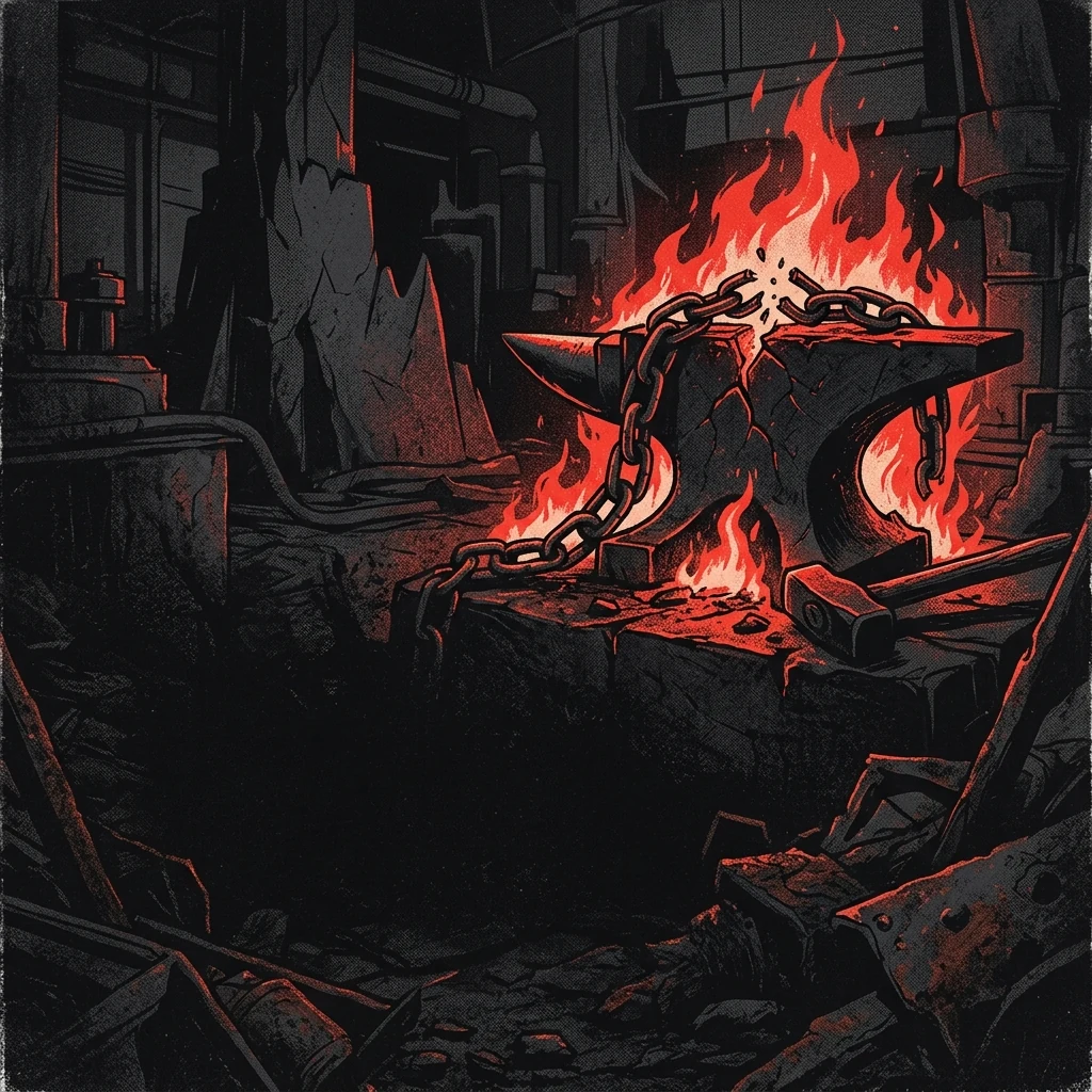 ilustración tributo de una cadena rota sobre un yunque industrial en llamas, atmósfera metalcore melódico alemán años 90, sin rostros reconocibles ni logos, paleta rojo y negro intensa