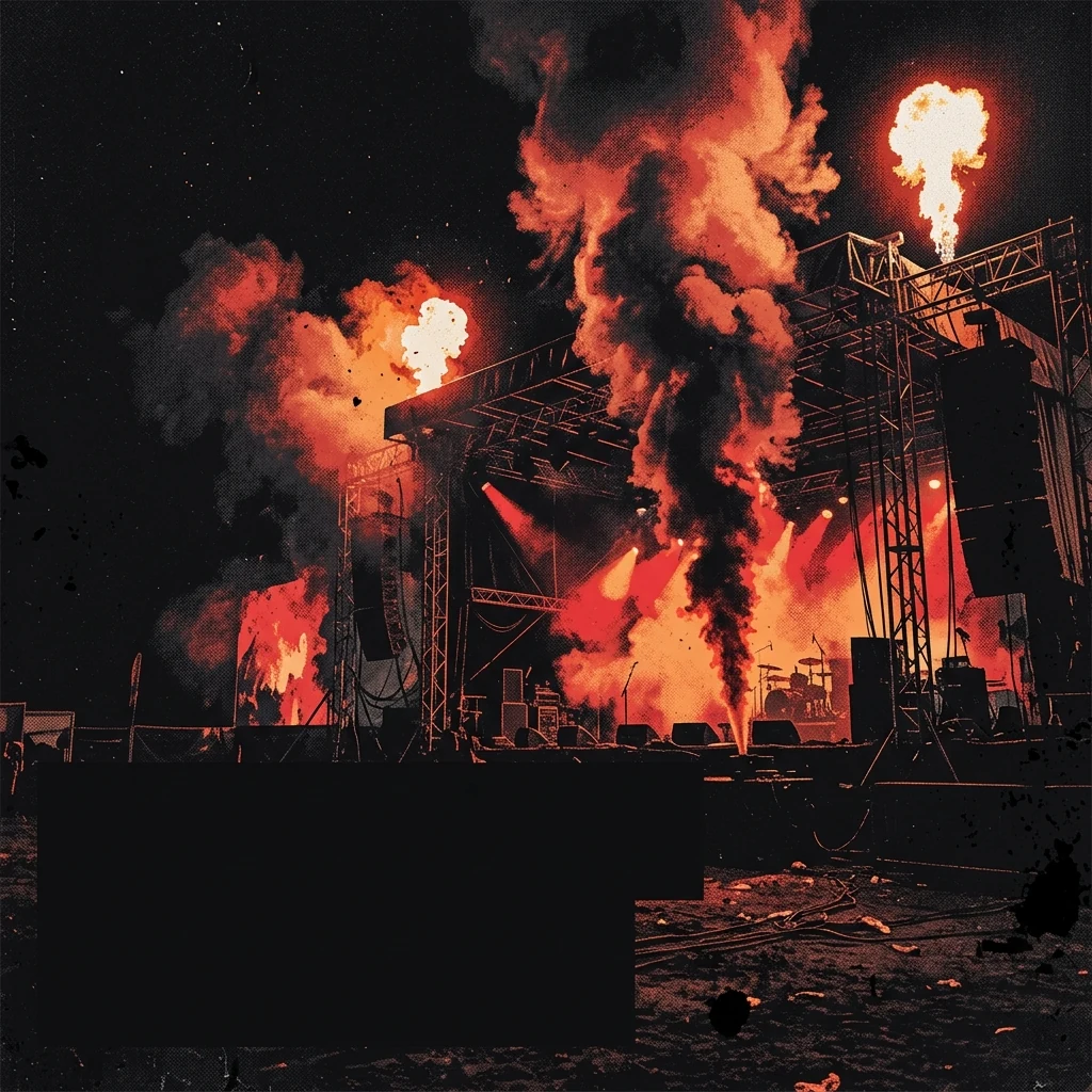 ilustración tributo de un escenario de festival nocturno con llamas y humo bajo un cielo oscuro, atmósfera metalcore alemán contemporáneo, sin rostros ni logos, paleta rojo y negro con destellos de naranja