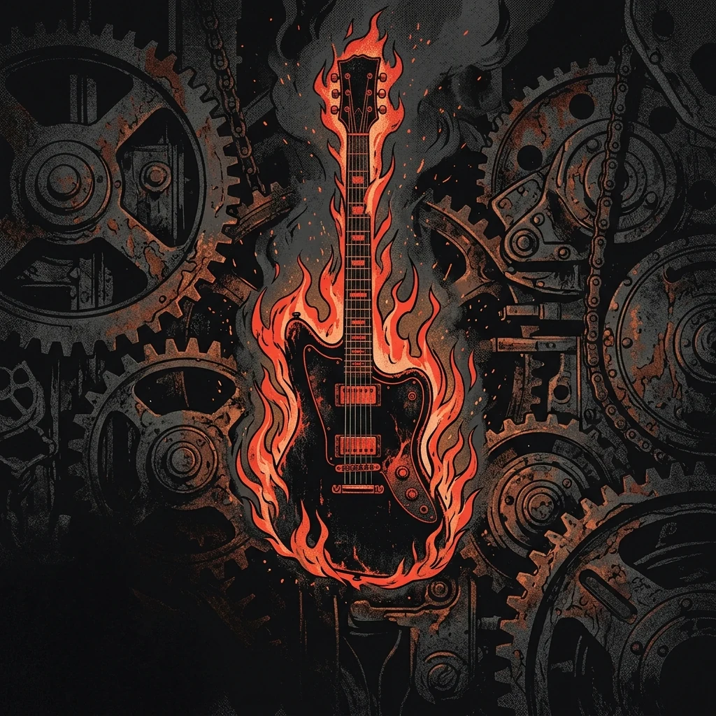 ilustración tributo de una guitarra eléctrica envuelta en llamas sobre un fondo de engranajes industriales oxidados, atmósfera melodic death metal metalcore, sin texto ni logotipos, paleta rojo y negro con acentos de cobre