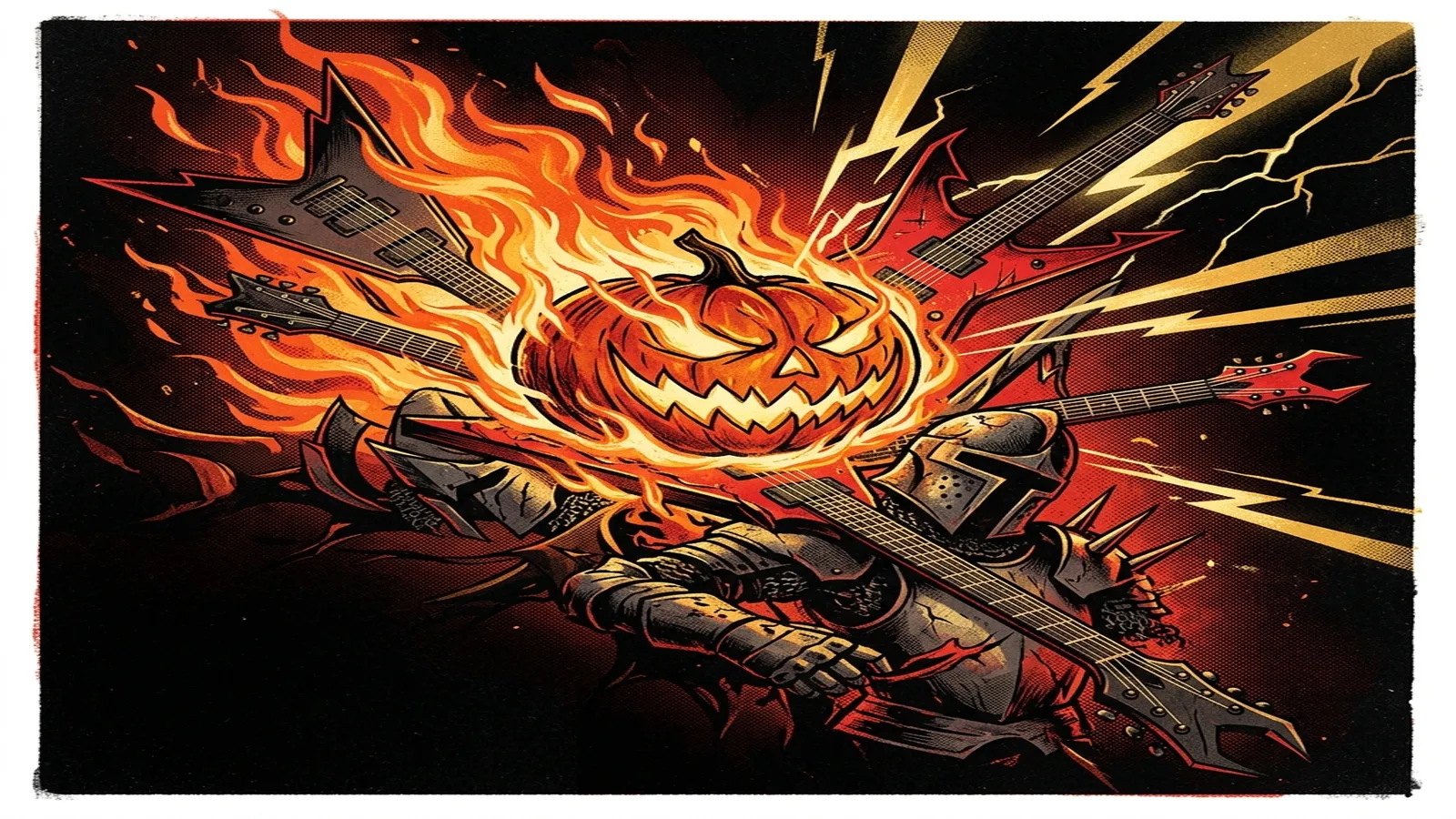 ilustración tributo de una calabaza ardiente entre guitarras de metal veloces sobre fondo negro, armadura medieval fragmentada y rayos de luz dorada, atmósfera power metal de los años 80 en Hamburgo, sin rostros reconocibles ni logos, paleta rojo y negro con destellos dorados