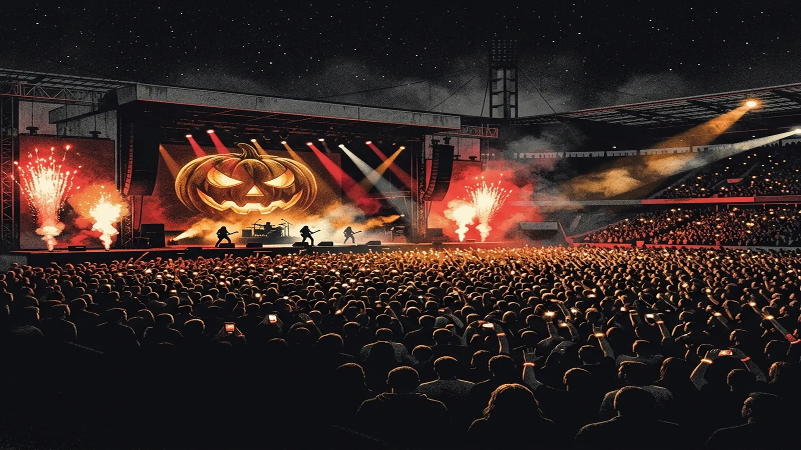 ilustración tributo de un estadio nocturno con miles de luces en el público y una calabaza gigante proyectada en el telón de fondo, cielo estrellado sobre Alemania, atmósfera de reunión histórica power metal años 2000 y 2010, sin rostros ni logos, paleta rojo y negro con destellos anaranjados y dorados