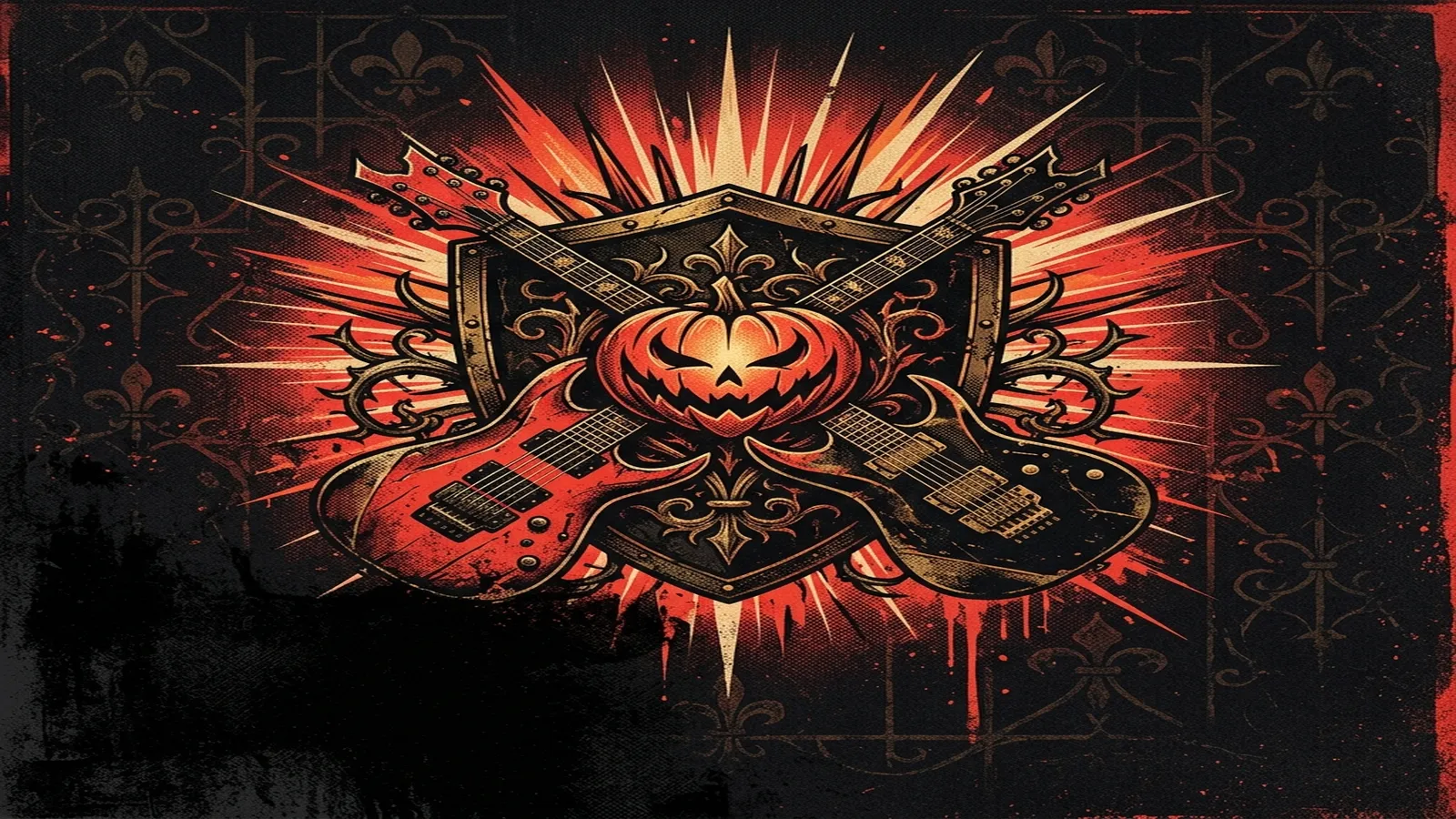 ilustración tributo de dos guitarras eléctricas cruzadas sobre un escudo con una calabaza estilizada, motivos medievales y destellos de luz sobre fondo negro, estética power metal europeo sin texto ni logotipos, paleta rojo y negro con dorado