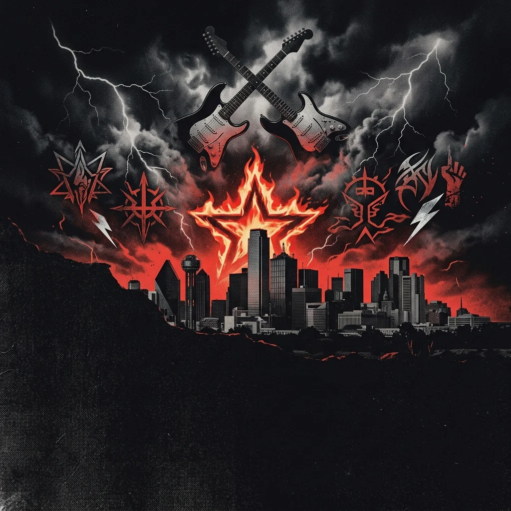 ilustración tributo de una estrella ardiente sobre el horizonte de una ciudad de Texas envuelta en humo y relámpagos, guitarras eléctricas cruzadas y símbolos de metal en el cielo nocturno, atmósfera power metal americano de los años 80, sin rostros reconocibles ni logos, paleta rojo y negro con destellos plateados