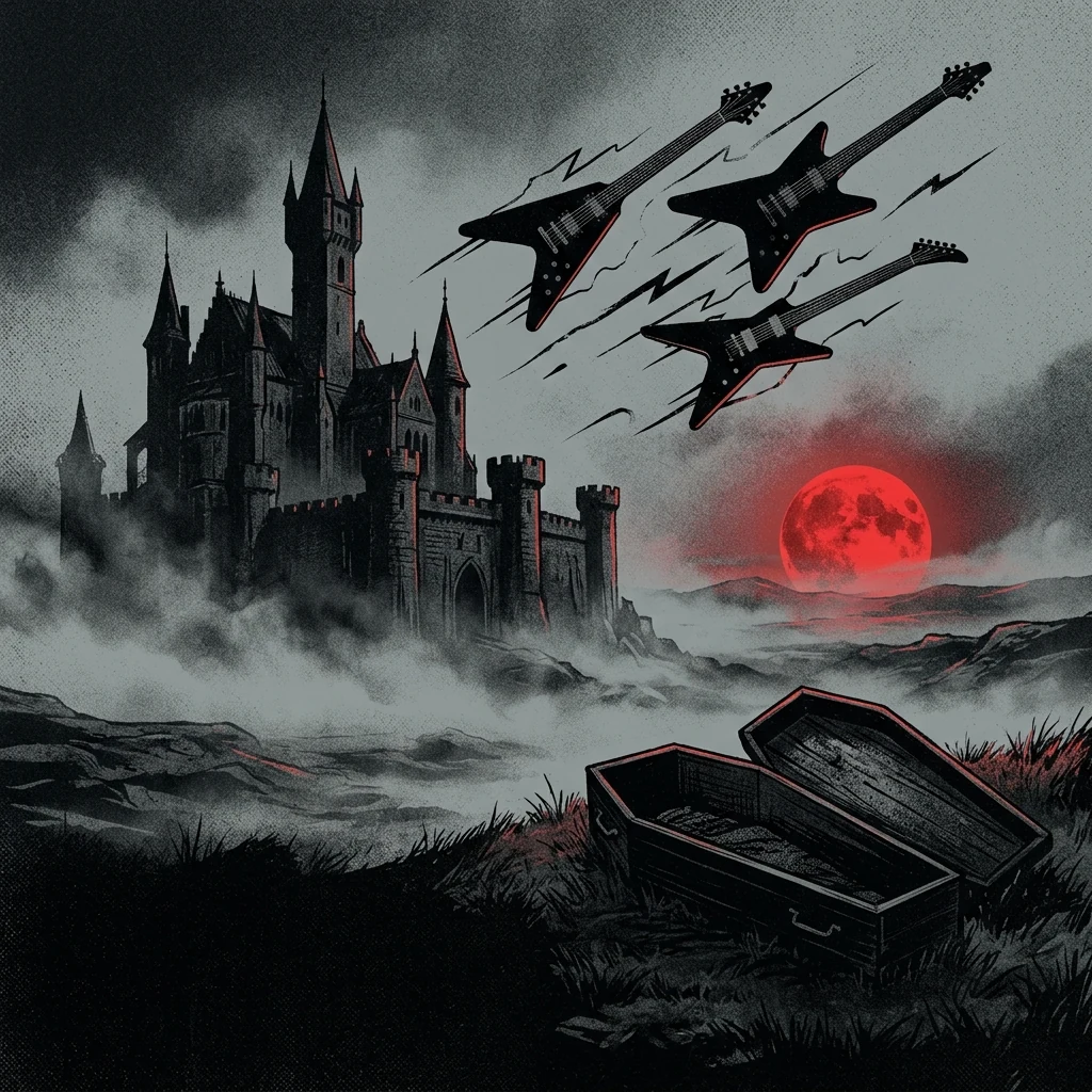 ilustración tributo de un castillo gótico entre niebla espesa con una luna llena de color sangre en el horizonte, silueta de un vampiro con capa sobre una colina y guitarras eléctricas atravesando el cielo, atmósfera de power metal conceptual y horror gótico americano, sin rostros ni logos, paleta rojo y negro