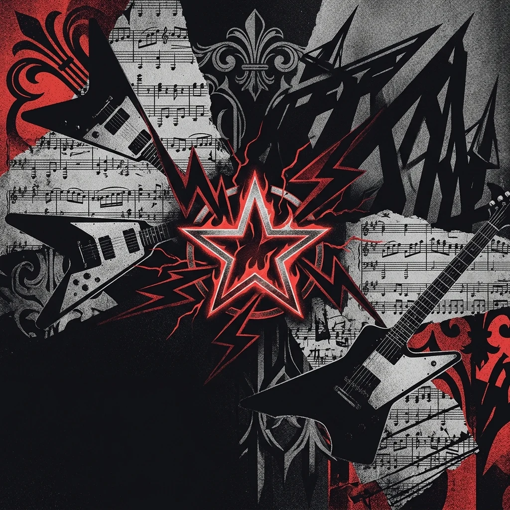 ilustración tributo de un colage de guitarras eléctricas, pentagramas y motivos góticos sobre fondo negro con tonos carmesí, estrella ardiente como símbolo central rodeada de relámpagos y sombras de metal americano, sin texto ni logotipos, paleta rojo y negro con plateado