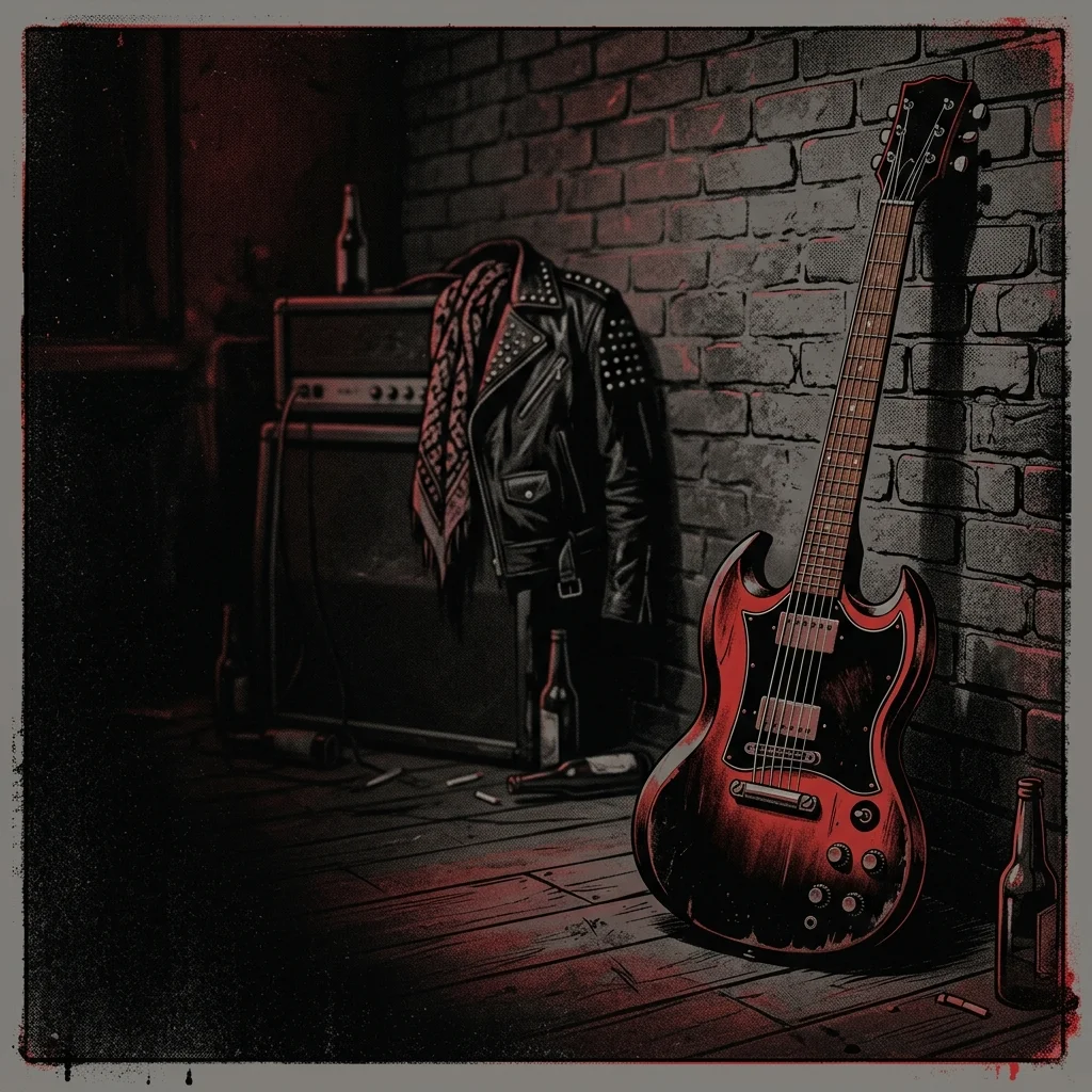 ilustración tributo del rock español de los 80 con una guitarra eléctrica y atmósfera oscura y romántica, paleta rojo y negro, sin rostros ni logos