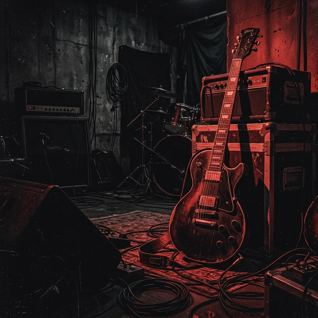 ilustración tributo de una guitarra eléctrica entre sombras y luz roja tenue, estética rock oscura y romántica, paleta rojo y negro, sin texto ni logotipos
