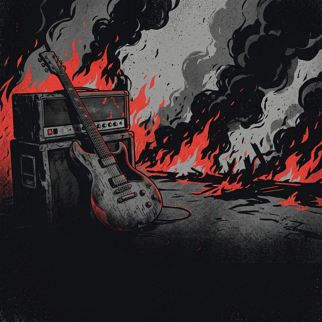 ilustración tributo de una guitarra eléctrica de afinación baja sobre un fondo de llamas y humo negro, atmósfera apocalíptica de club underground Oakland, paleta rojo y negro, sin rostros reconocibles ni logos