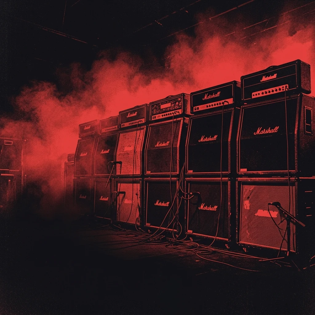 ilustración tributo de un trío de músicos en escenario sumergido en humo rojo, amplificadores apilados hasta el techo, atmósfera de ritual metálico underground, paleta rojo y negro, sin rostros ni logos