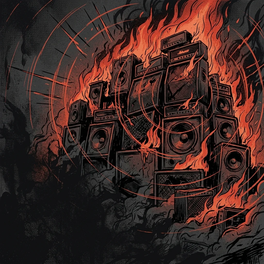 ilustración tributo de un amplificador masivo en llamas con ondas de sonido visibles en el aire, estética sludge metal de los 2000, paleta rojo y negro, sin texto ni logotipos