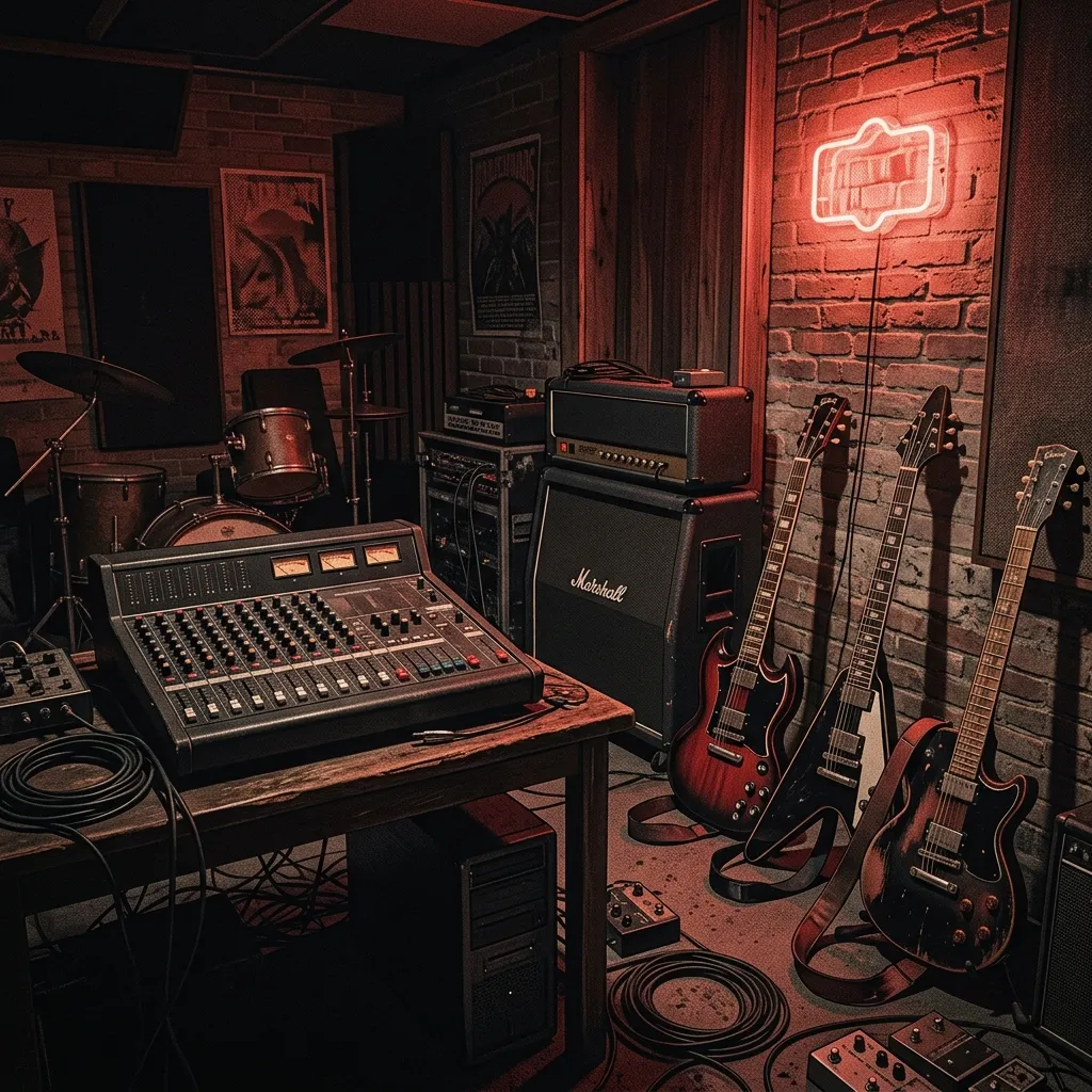 ilustración tributo de un estudio casero en Chicago con consolas analógicas y guitarras apoyadas contra la pared bajo una luz roja cálida, atmósfera de sesión nocturna de heavy metal tradicional, paleta rojo y negro, sin rostros ni logos reconocibles