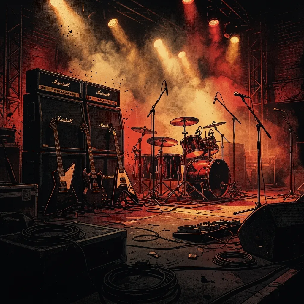 ilustración tributo de un escenario de club nocturno con siluetas bajo focos de colores cálidos y humo de escena, ambiente de heavy metal clásico en vivo sin rostros reconocibles ni logos, paleta rojo y negro con toques de ámbar