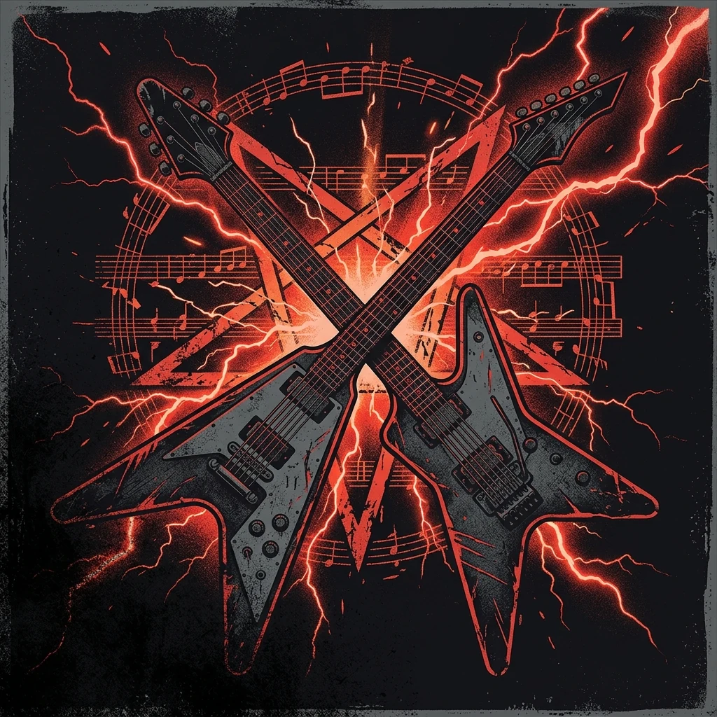 ilustración tributo de dos guitarras eléctricas cruzadas sobre un fondo de pentagrama musical y destellos eléctricos en rojo y negro, estética de heavy metal melódico años 80, sin texto ni logotipos ni rostros