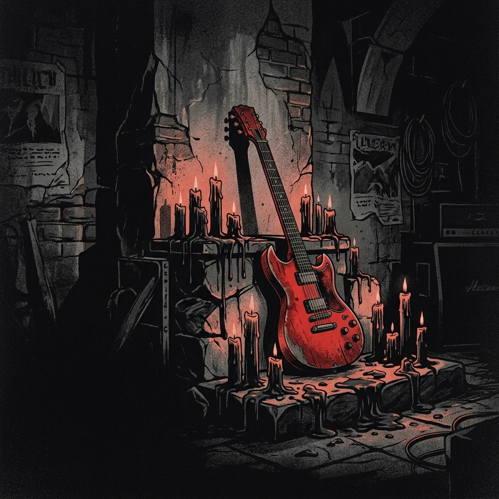 ilustración tributo de una guitarra eléctrica roja sangre apoyada sobre un altar de velas negras fundidas, sombras alargadas sobre paredes de piedra, atmósfera gothic rock Helsinki años 90, sin rostros reconocibles ni logos, paleta rojo y negro intensa