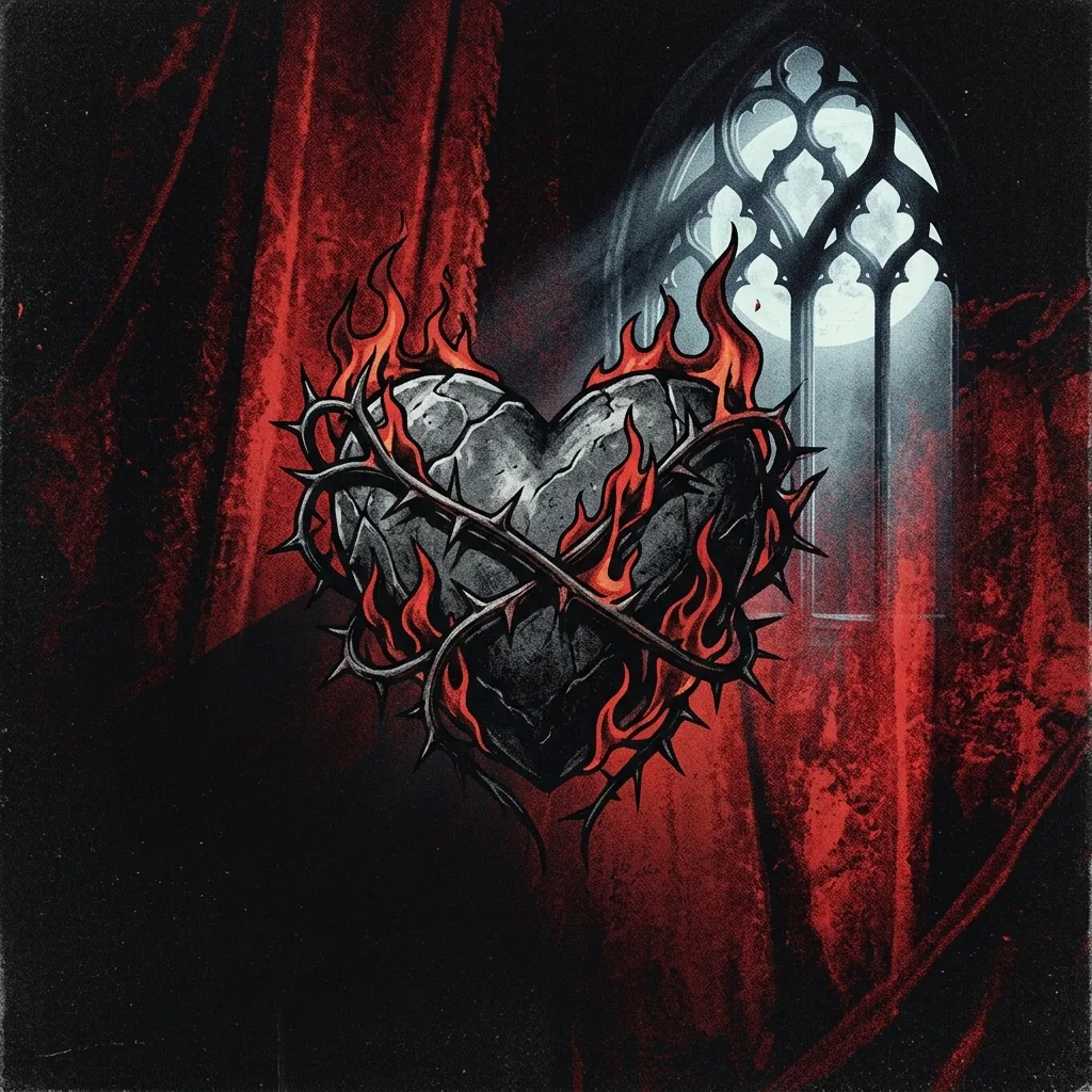ilustración tributo de un corazón y un pentágrama entrelazados tallados en piedra oscura, luz de luna filtrándose desde una ventana gótica, texturas de terciopelo rojo desgastado al fondo, estética love metal europeo años 2000, sin rostros ni logos, paleta rojo y negro