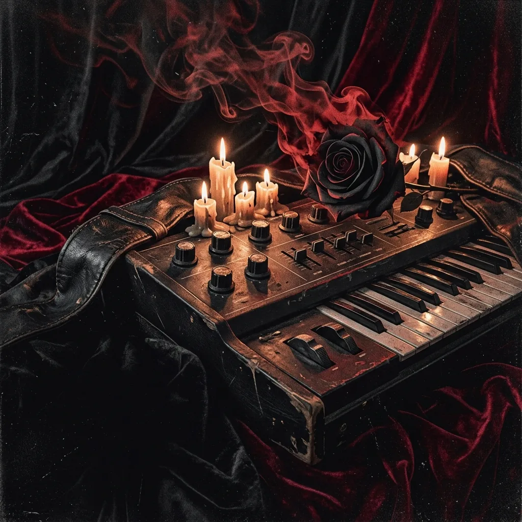ilustración tributo de una rosa negra con pétalos que se deshacen en humo rojo oscuro sobre un teclado vintage iluminado por velas, atmósfera gothic love metal europeo, detalles de terciopelo y cuero desgastado, sin texto ni logotipos, paleta rojo y negro con destellos carmesí