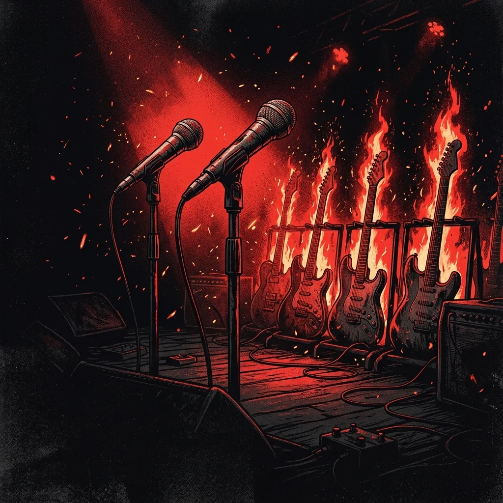 ilustración tributo de dos micrófonos sobre un escenario oscuro bañado en luz roja, guitarras eléctricas en el fondo como columnas de fuego, paleta rojo y negro, chispas en el aire, sin rostros ni logos