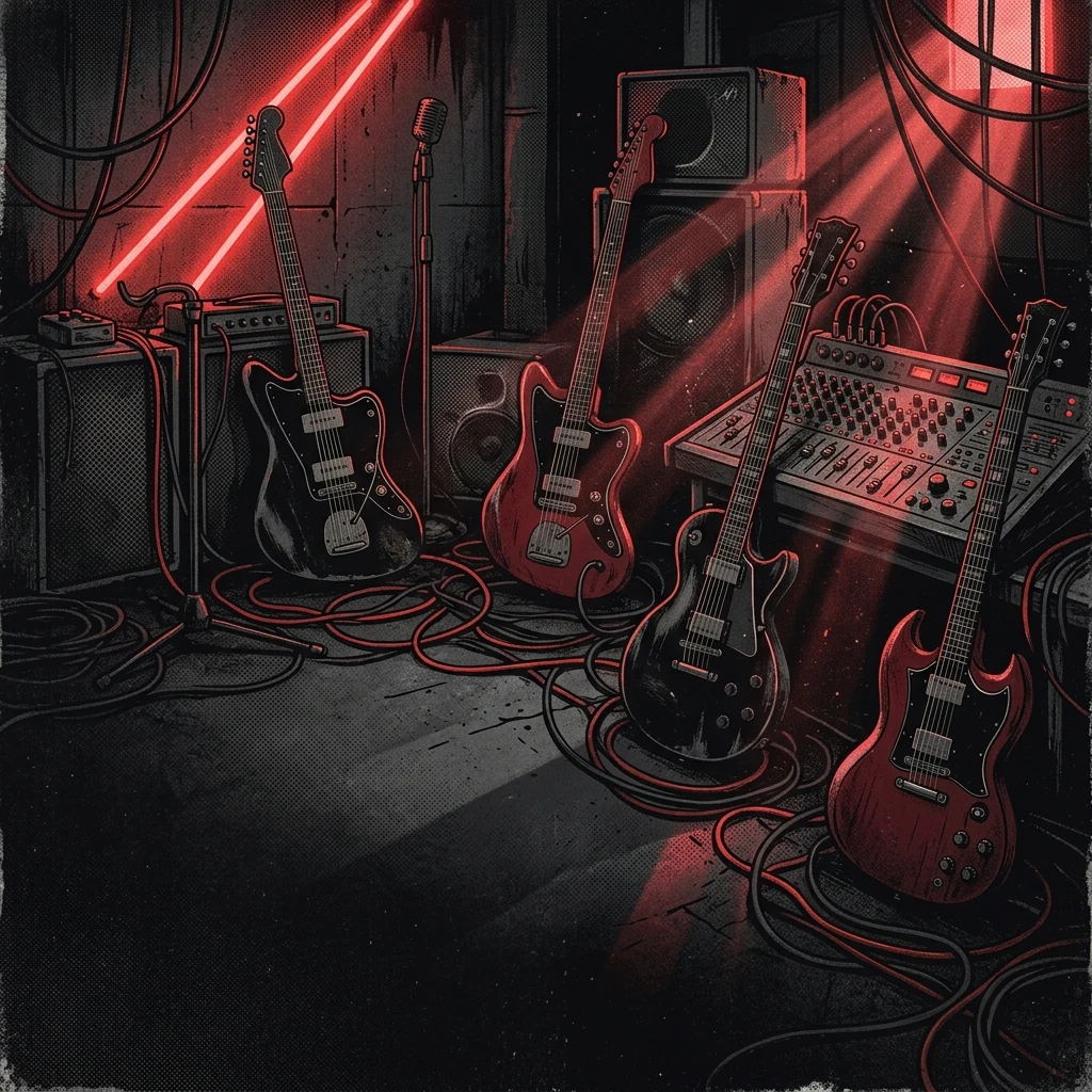 ilustración tributo de guitarras eléctricas y consolas de producción entrelazadas en un espacio industrial oscuro, rayos de luz roja y neon cortando la penumbra, paleta rojo sangre y negro profundo, sin texto ni logotipos