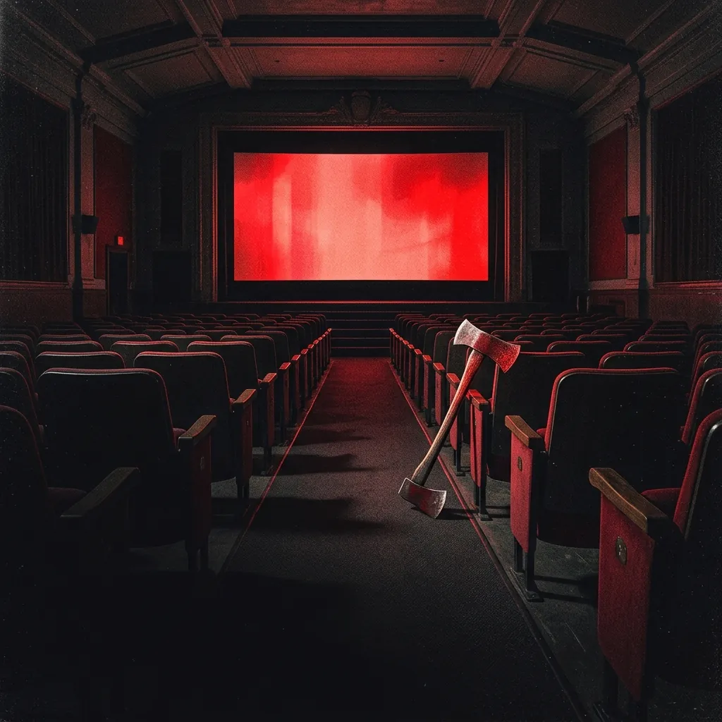 ilustración tributo de una sala de cine clásica vacía con pantalla encendida en rojo, butacas oscuras y hacha de asesino apoyada en el pasillo, atmósfera de terror cinematográfico vintage, paleta rojo y negro, sin rostros reconocibles ni logos