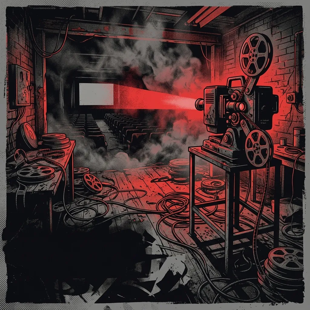 ilustración tributo de un proyector de cine antiguo iluminando fotogramas de monstruos y máscaras de terror, cables de guitarra enredados en la cabina de proyección, atmósfera de horror cinematográfico, paleta rojo y negro, sin rostros ni logos