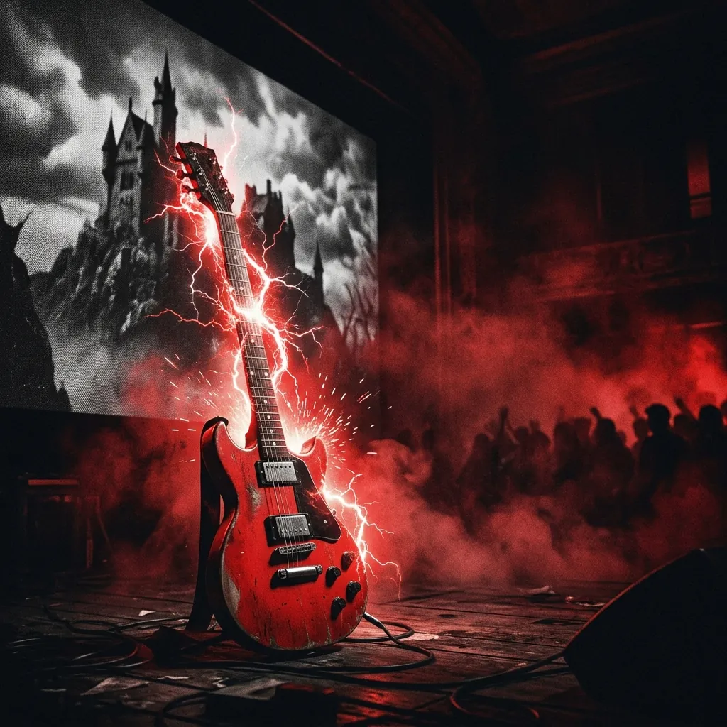 ilustración tributo de una guitarra eléctrica roja apoyada contra la pantalla de un cine de terror en blanco y negro, relámpagos de energía alrededor del mástil, atmósfera de concierto cavernoso con niebla roja, sin texto ni logotipos
