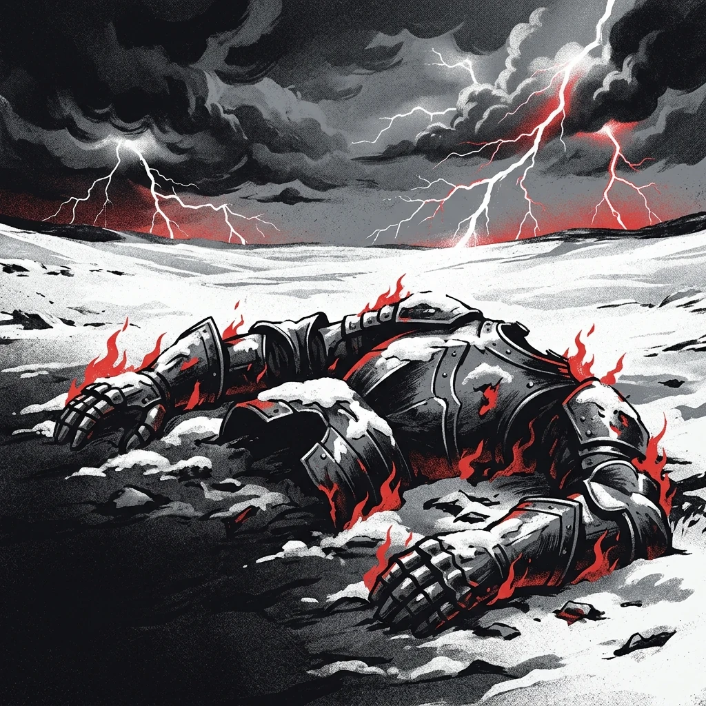 ilustración tributo de una armadura medieval fragmentada sobre un campo nevado bajo cielo de tormenta eléctrica, llamas rojas contrastando con el frío del metal, atmósfera power metal americano años 90, sin rostros reconocibles ni logos, paleta rojo y negro