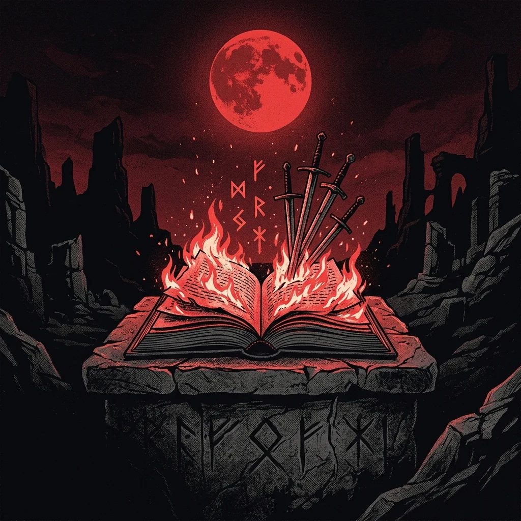 ilustración tributo de un libro apocalíptico abierto sobre un altar de piedra, páginas ardiendo bajo la luz de una luna roja, runas y espadas emergiendo del fuego, atmósfera metal épico conceptual años 2000, sin rostros ni logos, paleta rojo y negro