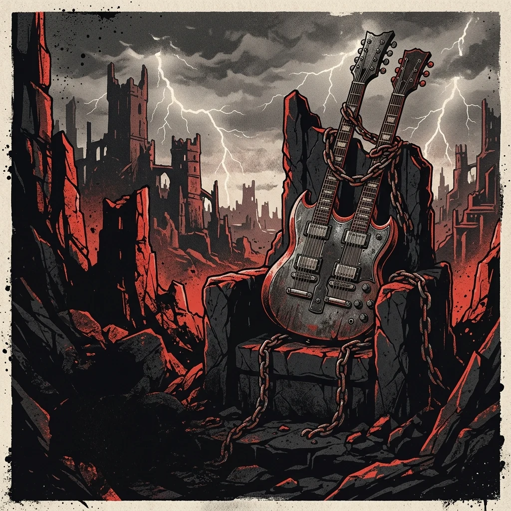 ilustración tributo de una guitarra eléctrica de doble mástil envuelta en cadenas rotas sobre un trono de roca negra, relámpagos iluminando una ciudad en ruinas al fondo, atmósfera power metal épico americano, sin texto ni logotipos, paleta rojo y negro con destellos de plata