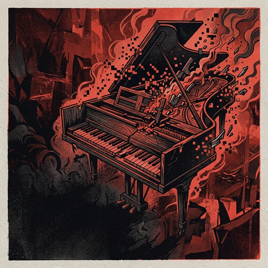 ilustración tributo de un teclado de clavicémbalo barroco desintegrándose en píxeles y fragmentos de metal fundido, atmósfera caótica y ceremonial en rojo y negro, sin rostros reconocibles ni logos, paleta rojo y negro