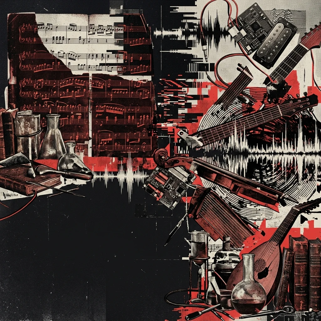 ilustración tributo de un collage de partituras barrocas entrelazadas con formas de onda de breakcore y fragmentos de instrumentos medievales y eléctricos, todo en rojo y negro intenso, sin texto ni logotipos, ambiente de laboratorio alquímico