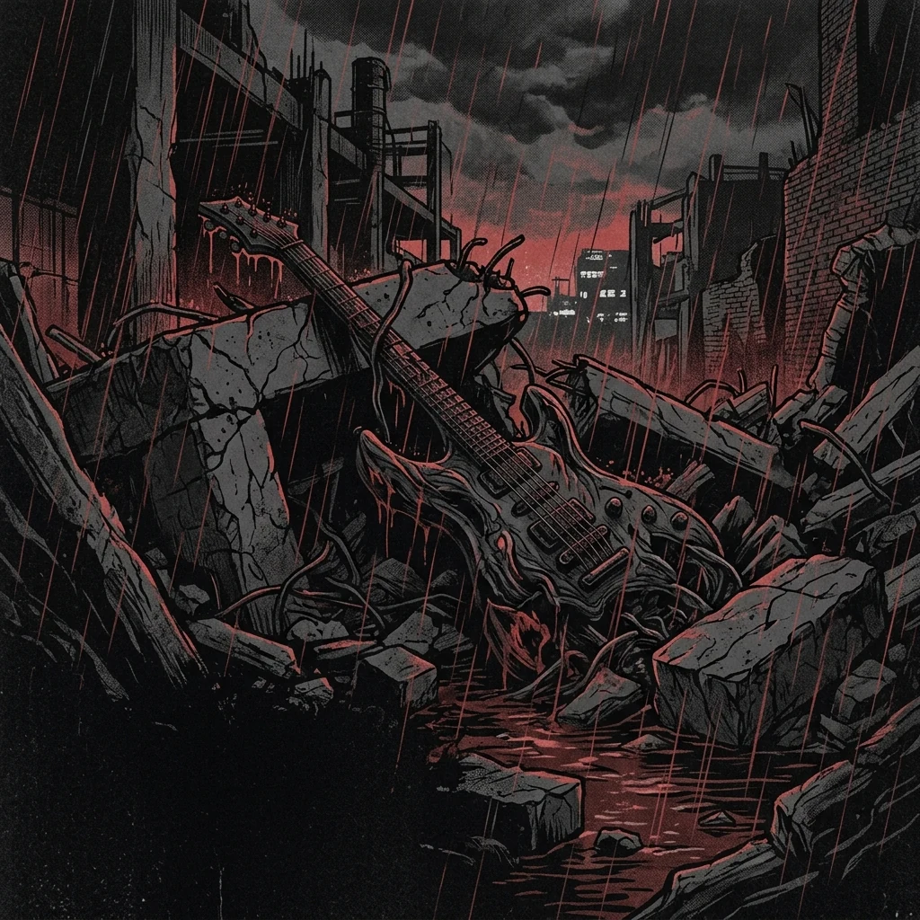 ilustración tributo de una guitarra eléctrica retorcida sobre ruinas urbanas de concreto bajo lluvia roja, atmósfera death metal del underground de Yonkers Nueva York finales de los 80, sin rostros reconocibles ni logos, paleta rojo y negro densa y atmosférica