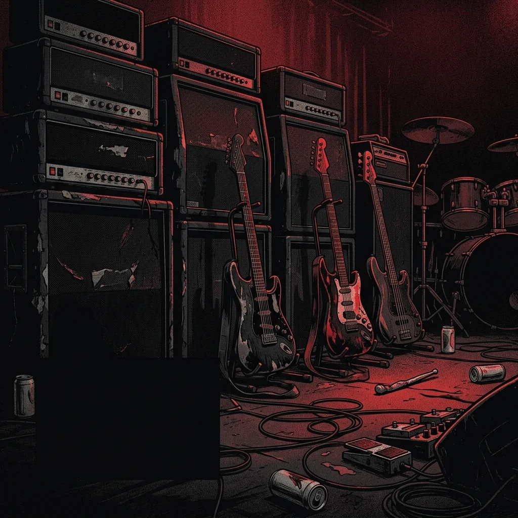 ilustración tributo de un escenario de metal en penumbra con stacks de amplificadores y símbolos religiosos rotos bajo luz carmesí, atmósfera death metal de Nueva York años 2000, sin rostros ni logos, paleta rojo y negro con destellos metálicos