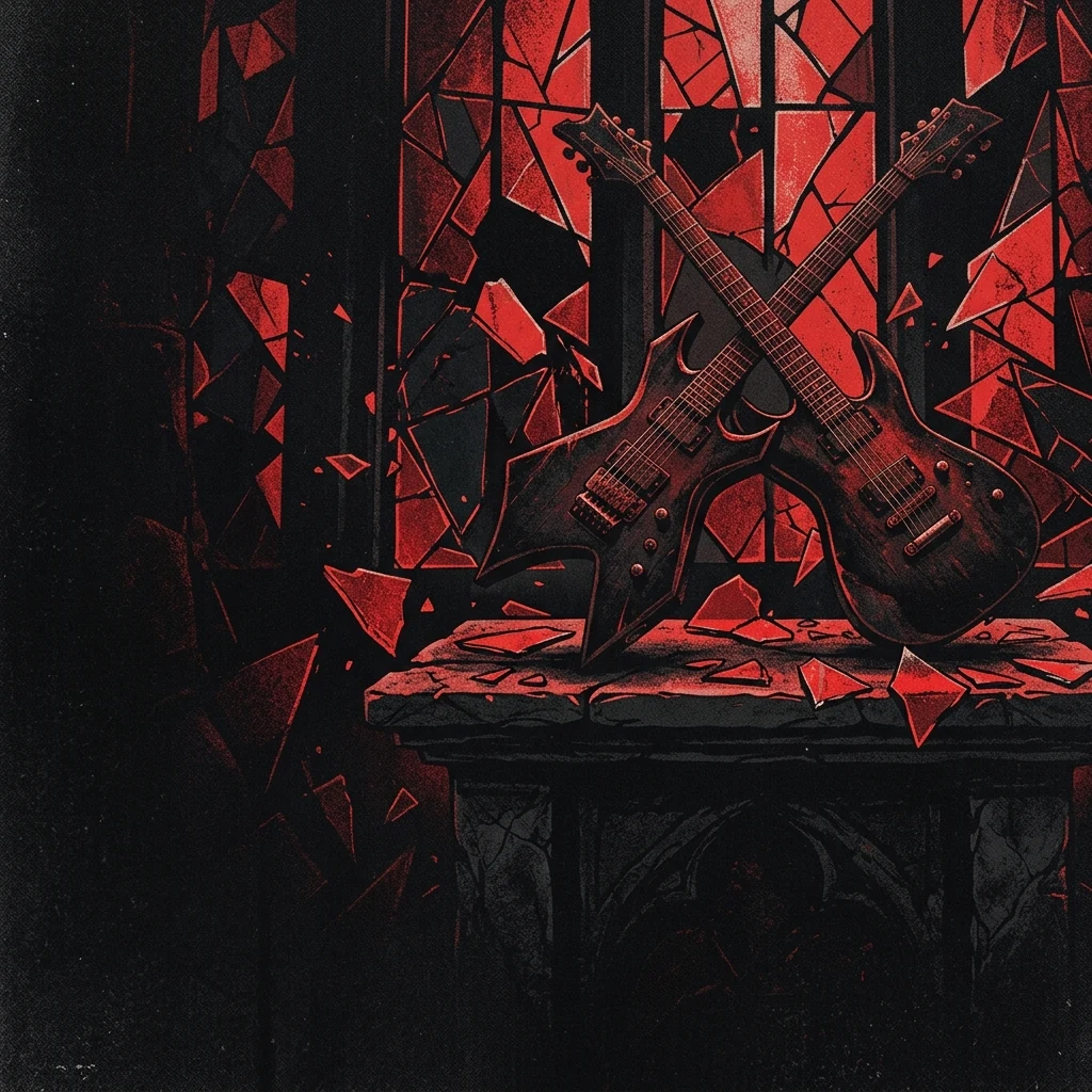 ilustración tributo de dos guitarras eléctricas entrecruzadas sobre un altar oscuro rodeado de fragmentos de vitral rojo y negro, atmósfera death metal disonante de Nueva York sin texto ni logotipos, paleta rojo carmesí y negro con destellos de acero oxidado
