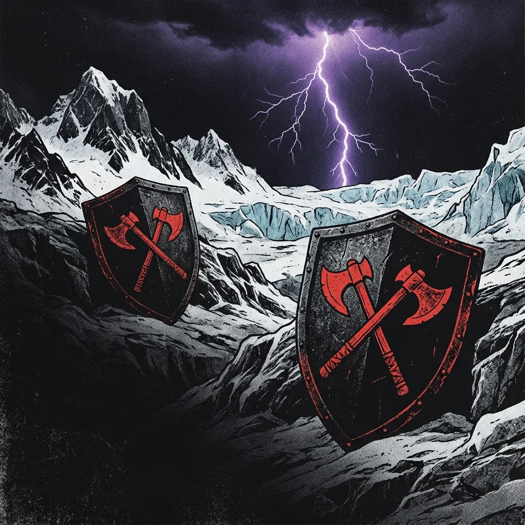 ilustración tributo de dos figuras con corpsepaint entre picos nevados bajo un cielo de tormenta ártica, relámpagos violáceos sobre glaciares, atmósfera de black metal noruego años 90, sin rostros reconocibles ni logos, paleta rojo y negro