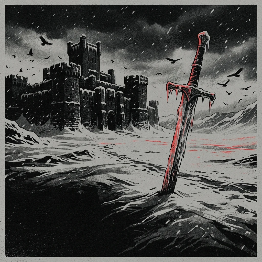 ilustración tributo de un guerrero con armadura de hielo alzando una espada ante una fortaleza de piedra negra bajo nevadas perpetuas, cuervos sobrevolando el horizonte ártico, atmósfera épica y sombría, sin rostros ni logos, paleta rojo y negro
