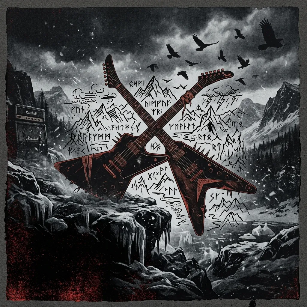 ilustración tributo de guitarras eléctricas cruzadas sobre un mapa de Bergen con runas y cristales de hielo, símbolos de tormenta y cuervos en vuelo, collage de black metal noruego, sin texto ni logotipos, paleta rojo y negro