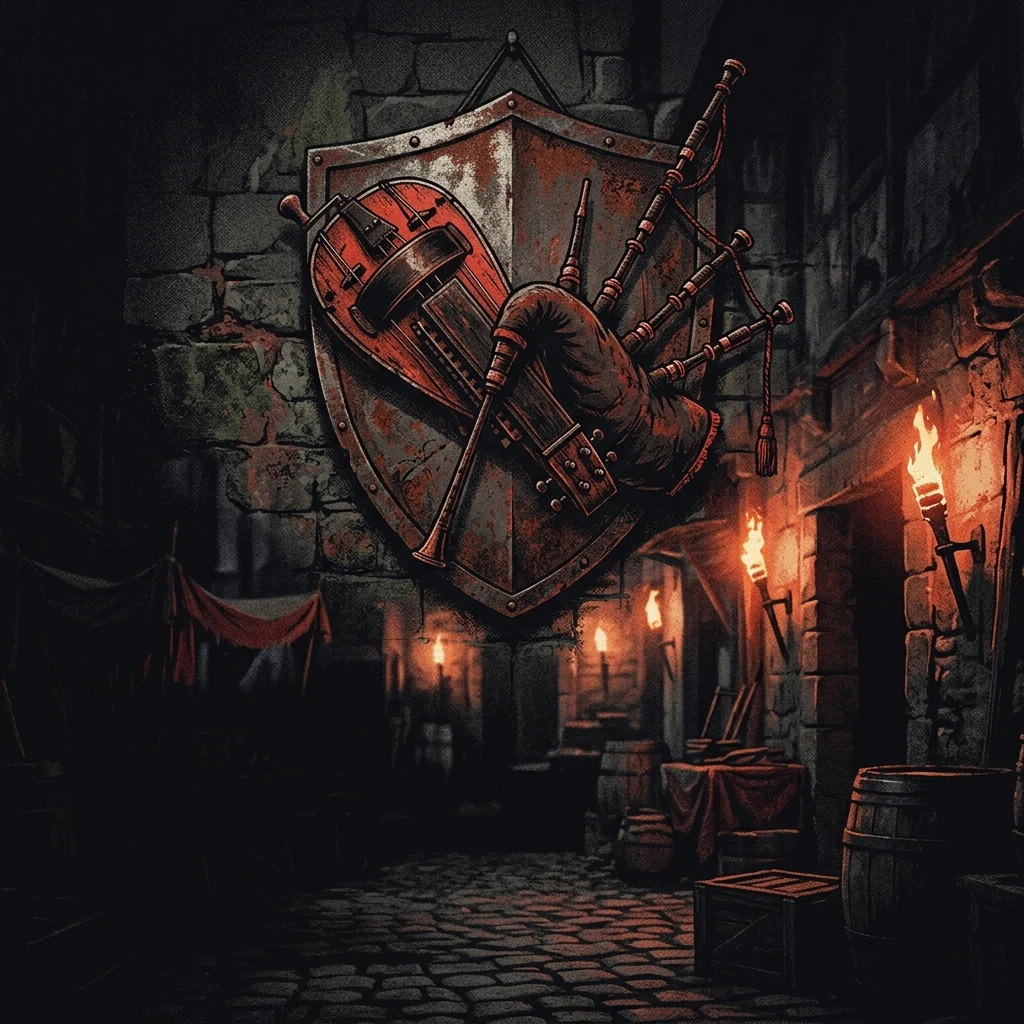 ilustración tributo de una zanfonía y una gaita cruzadas sobre un escudo metálico oxidado en un mercado medieval bajo antorchas, atmósfera Mittelalter-Metal Berlín años 90, sin rostros reconocibles ni logos, paleta rojo y negro