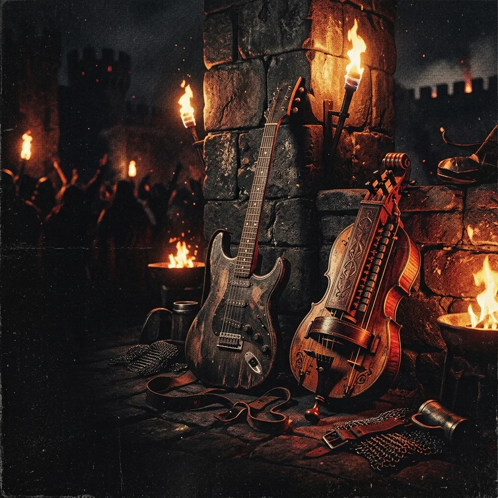 ilustración tributo de una guitarra eléctrica y una zanfonía apoyadas contra un muro de piedra medieval iluminado por antorchas, atmósfera heavy metal festivo nocturno, sin rostros ni logos, paleta rojo y negro con destellos dorados
