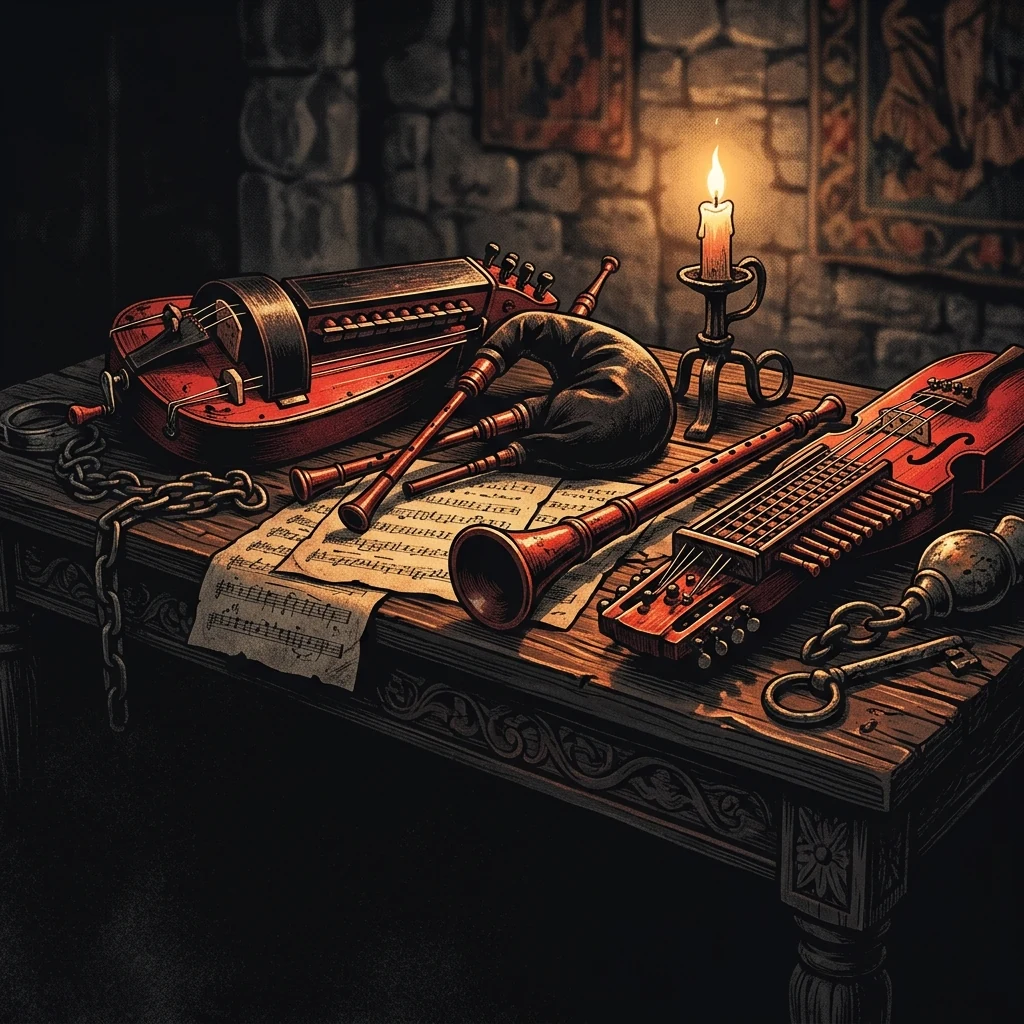ilustración tributo de un arsenal de instrumentos medievales —zanfonía, gaita, shawm, nyckelharpa— dispuestos sobre una mesa de madera tallada bajo luz de vela, rodeados de partituras antiguas y cadenas de hierro, paleta rojo y negro, sin texto ni logotipos