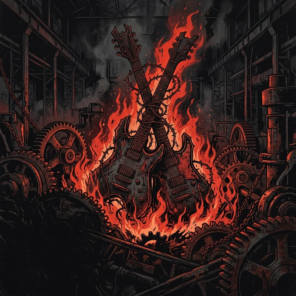 ilustración tributo de guitarras eléctricas dobles entrelazadas entre llamas y engranajes industriales en una fábrica oscura, atmósfera melodic death metal sueco años 90, sin rostros reconocibles ni logos, paleta rojo y negro