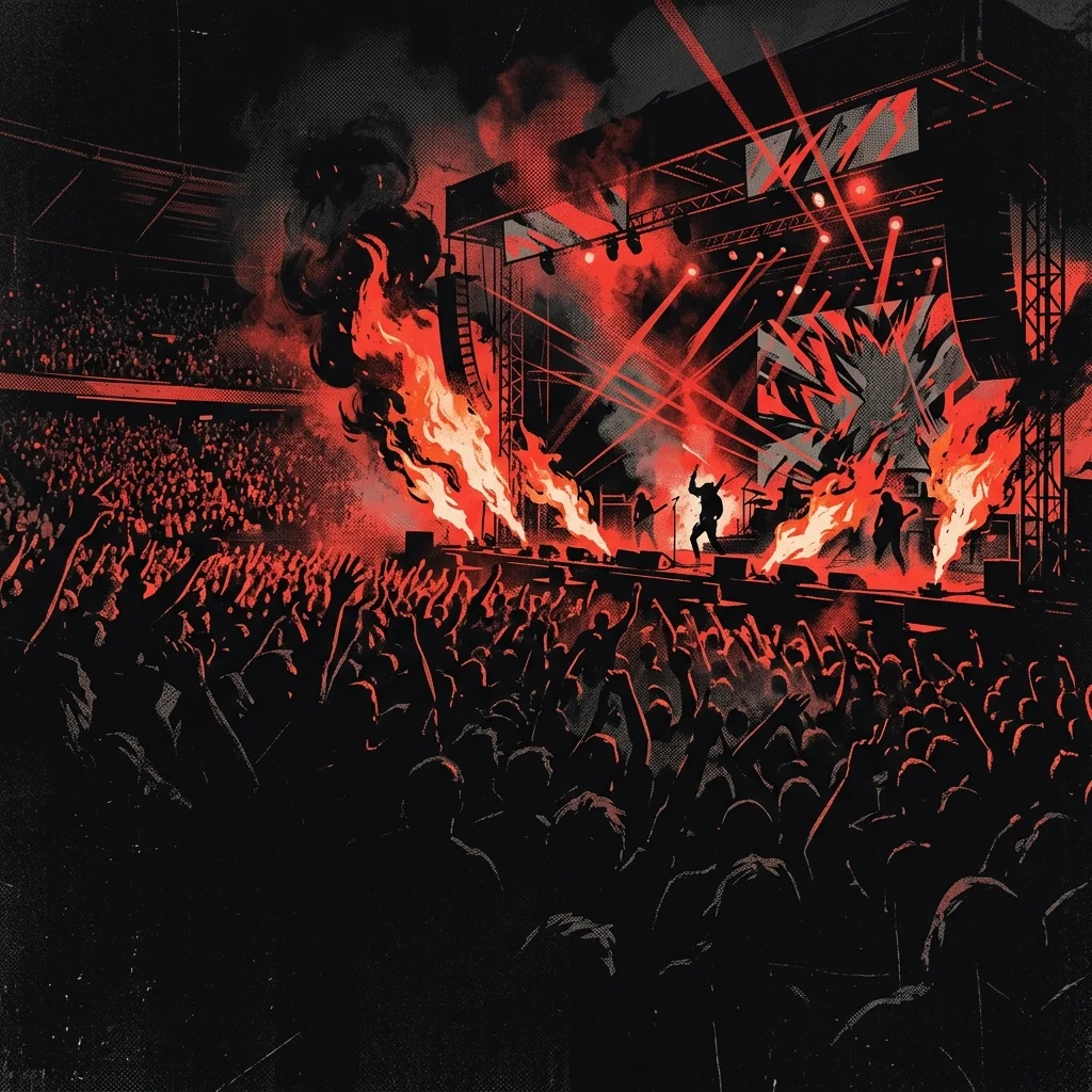 ilustración tributo de un escenario de estadio con llamas en el suelo y luces rojas y negras proyectadas sobre una multitud, atmósfera metal alternativo contemporáneo, sin rostros ni logos, paleta rojo y negro intensa